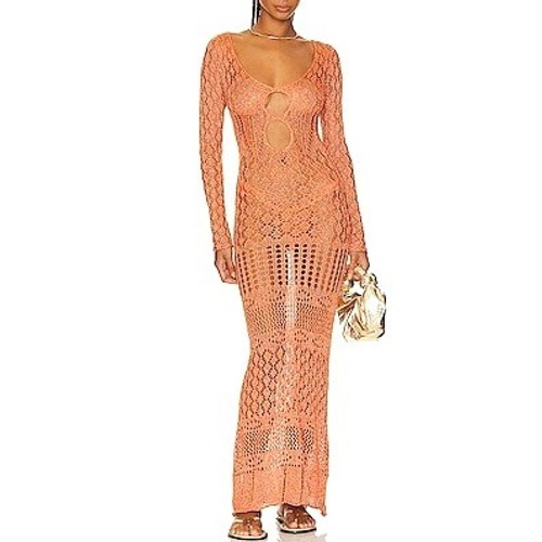 Sndys X Revolve Long Sleeve Crochet Maxi Dress In Orange Shimmer Size S